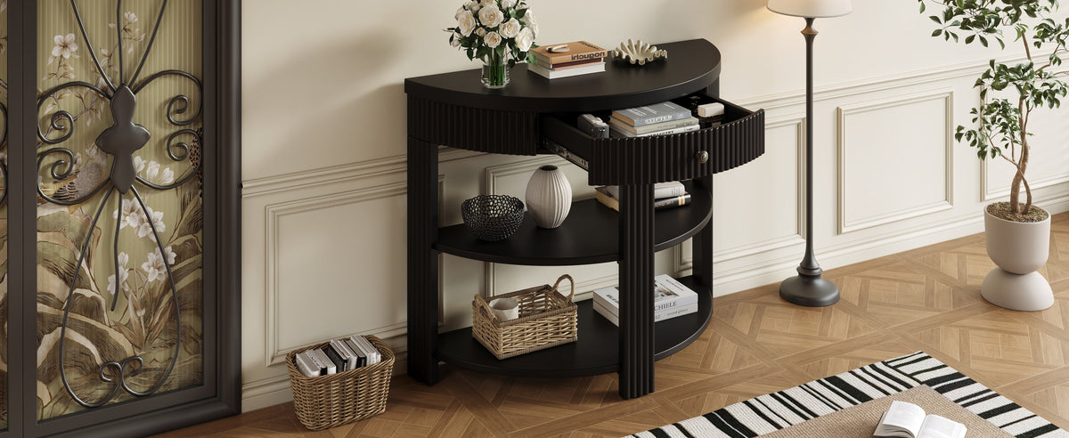 Fluted Half Moon Console Table with Drawer and 2 Shelves for Entryway,