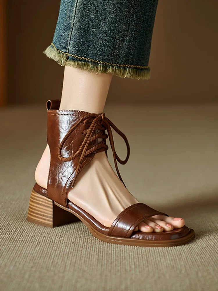 Fashion Ladies Elegant Mid Heel Open Toe Genuine Leather Women Summer Retro French Style Leisure Thick Lace Up Sandals Shoes