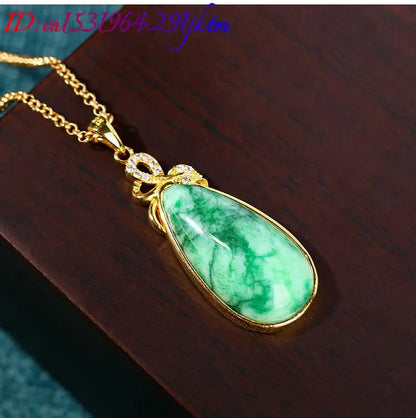Natural Jade Water Drop Pendant Necklace Stone Carved Gemstone Real Jewelry Vintage Charm 18K Gold Plated Gifts for Women