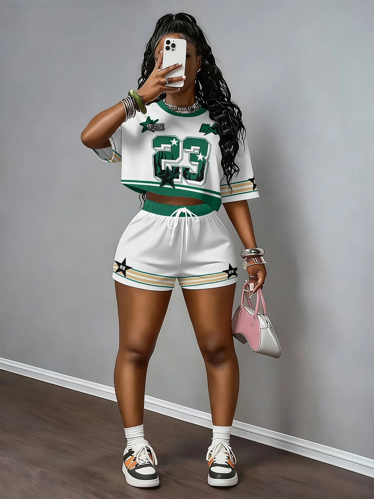 2026 New Short-Sleeve T-Shirt Set Crew Neck Casual Retro Print Hip-Hop Trend Crop Top Two-Piece Set Outdoor Sports Set