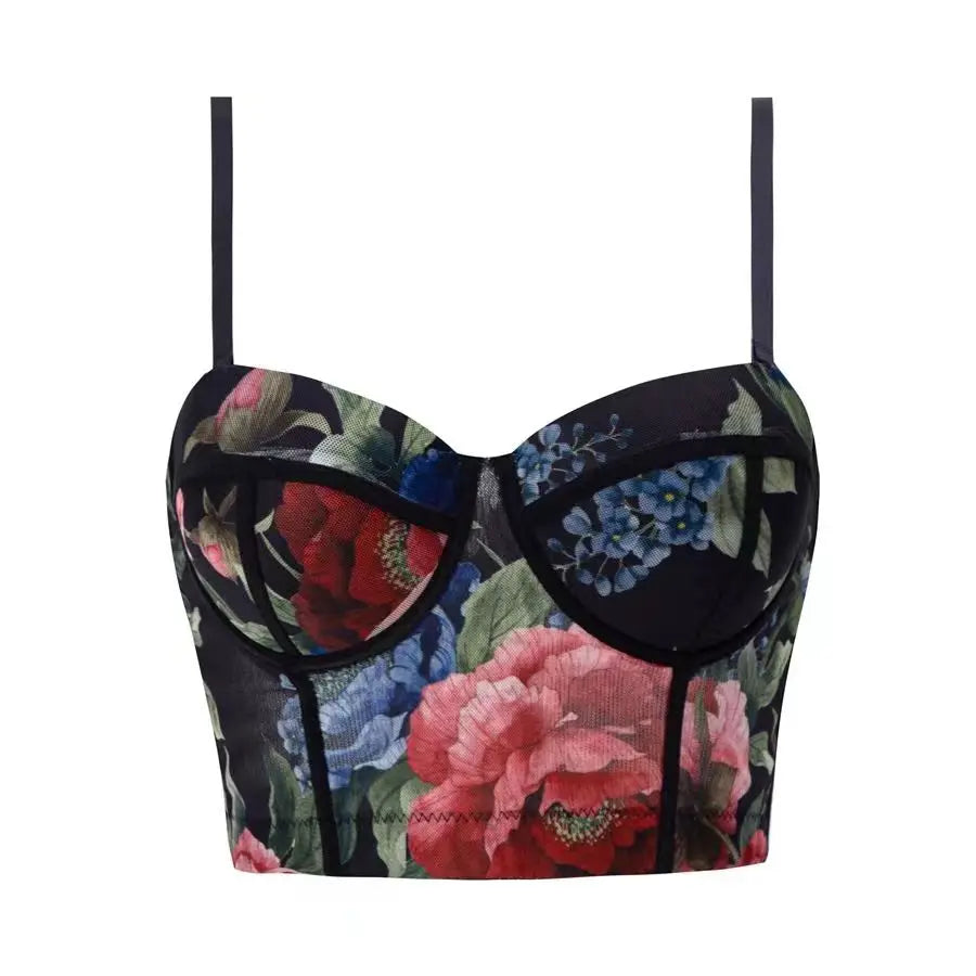 Women Sexy Floral printed Corset Tank Top Nightclub Party Short Chest Binder Camisole Girl Push Up Bustier Lady Bra Lingerie
