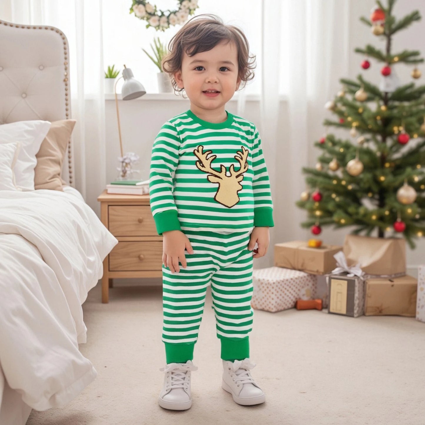 Baby Girl Boy Christmas 2pcs Outfit Striped Santa Embroidered Sweatshirt  Pants Set Toddler Clothes