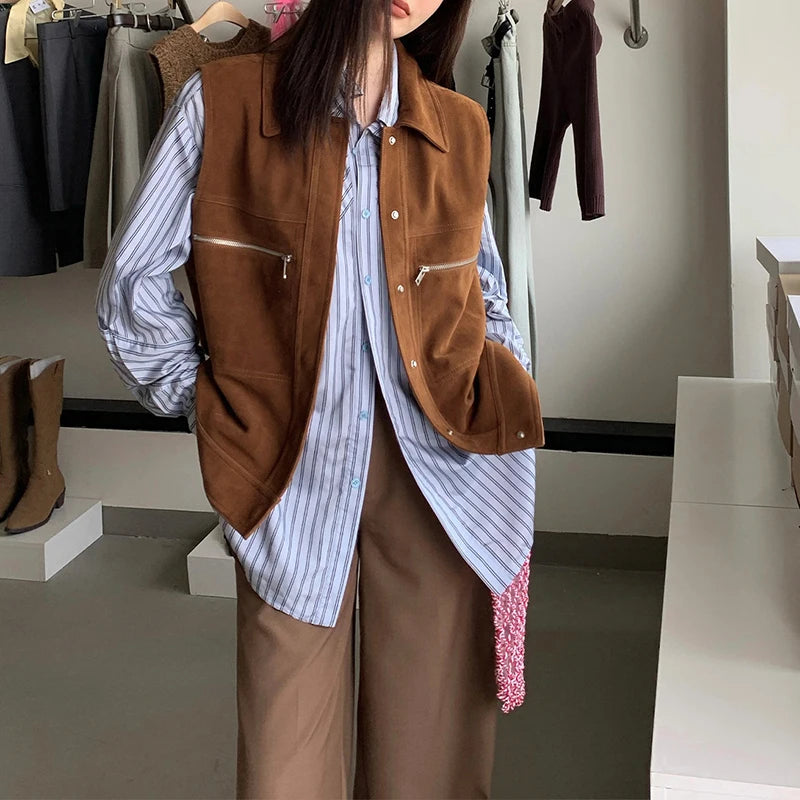 Sheepskin Suede Vest Women Spring Unisex Vintage Style Lapel Single-Breasted Yellowish Brown Genuine Leather Sleeveless Jackets