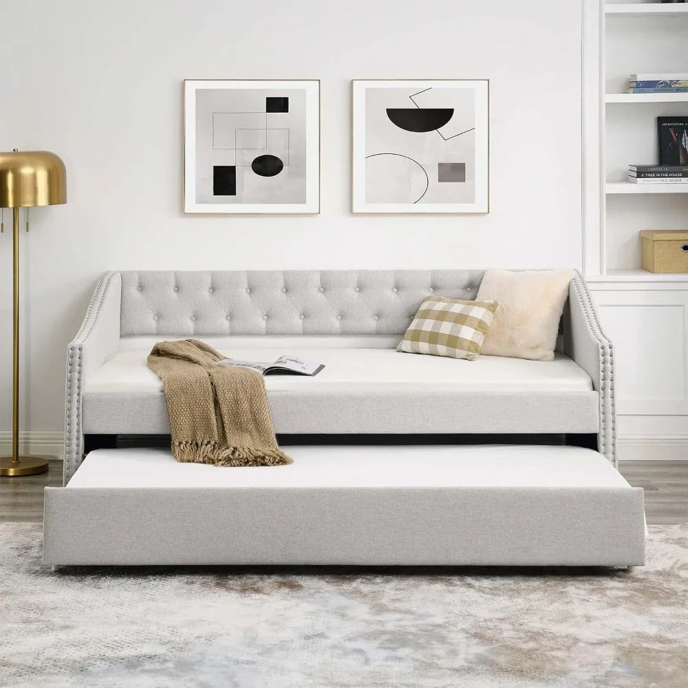 Antetek Daybed with Trundle, Modern Velvet Upholstered Twin Size Day Bed Button-Tufted Sofa Daybed Frame and A Trundle, No Box S