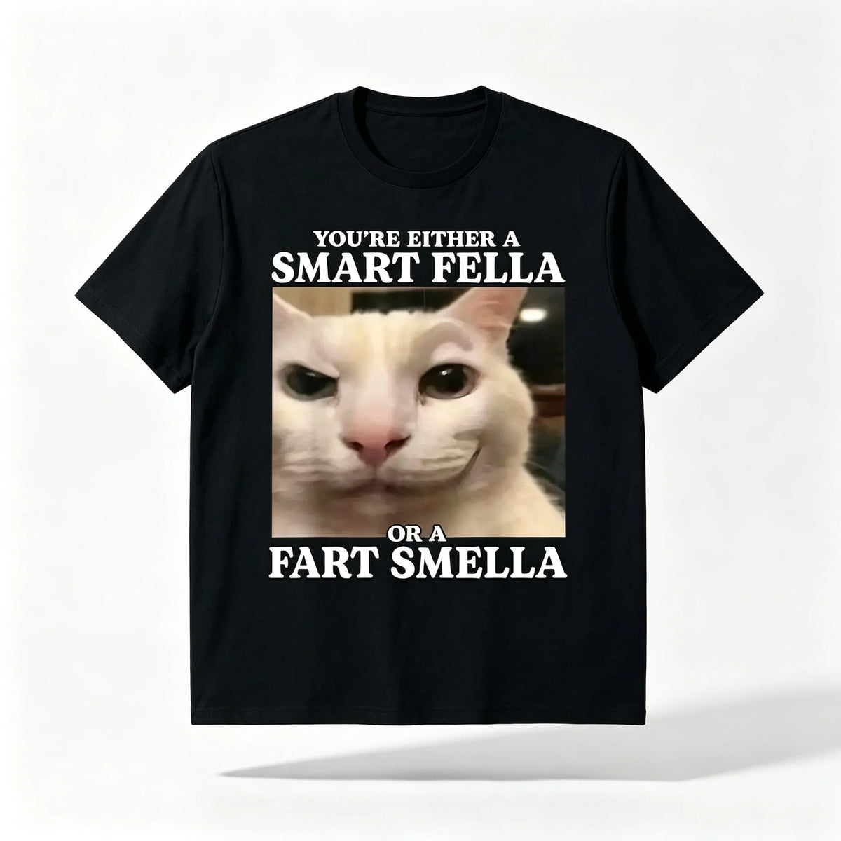 Funny Cat Meme T-Shirt "You're Either A Smart Fella Or A Fart Smella", Cotton Casual Streetwear Tee, Regular Fit Round Neck Short Sleeve All-Season Top