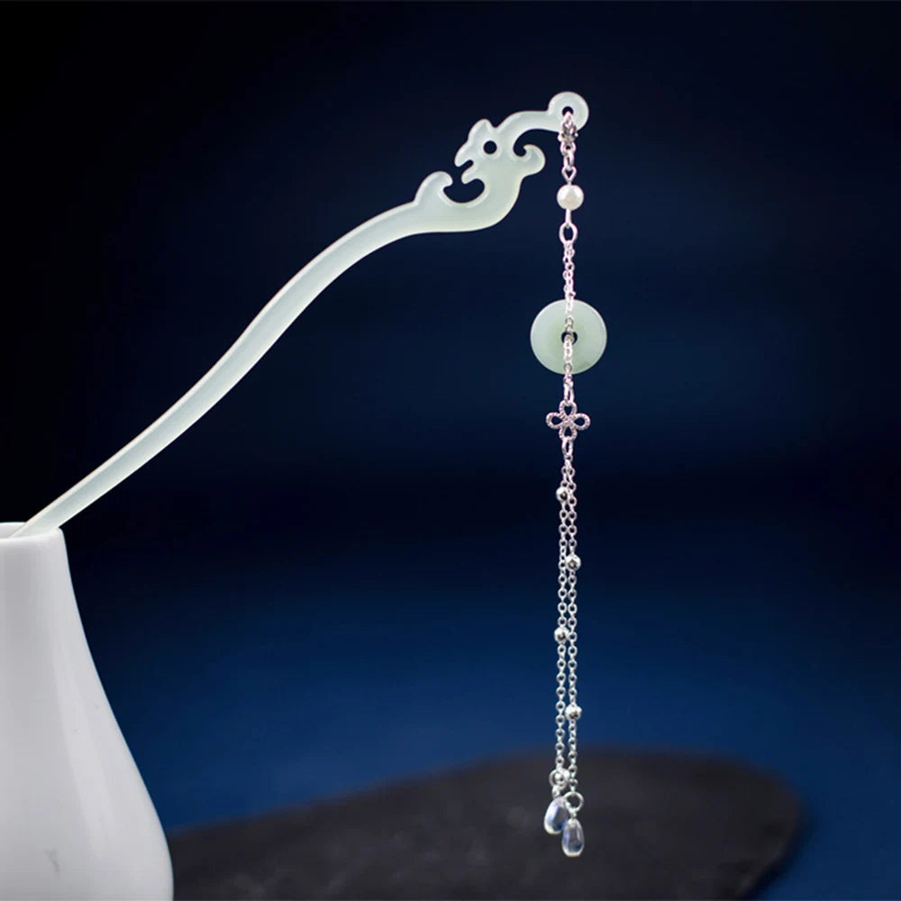 White/Green Acetic Acid Hair Sticks Forks Elegant Headwear Retro Chinese Style Hair Pin Chain Pendant Hair Jewelry for Women