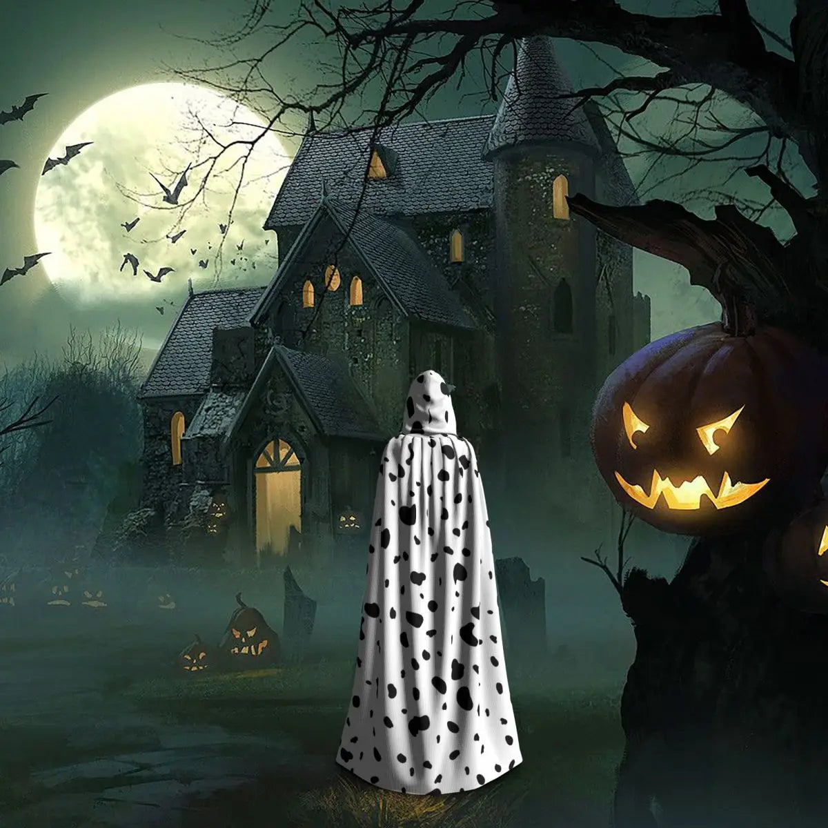 Dalmatian White And Black Dalmatian Dog Print Long Hooded Cloak Witch Medieval Costume Cosplay Cape HalloweenParty Adult Unisex