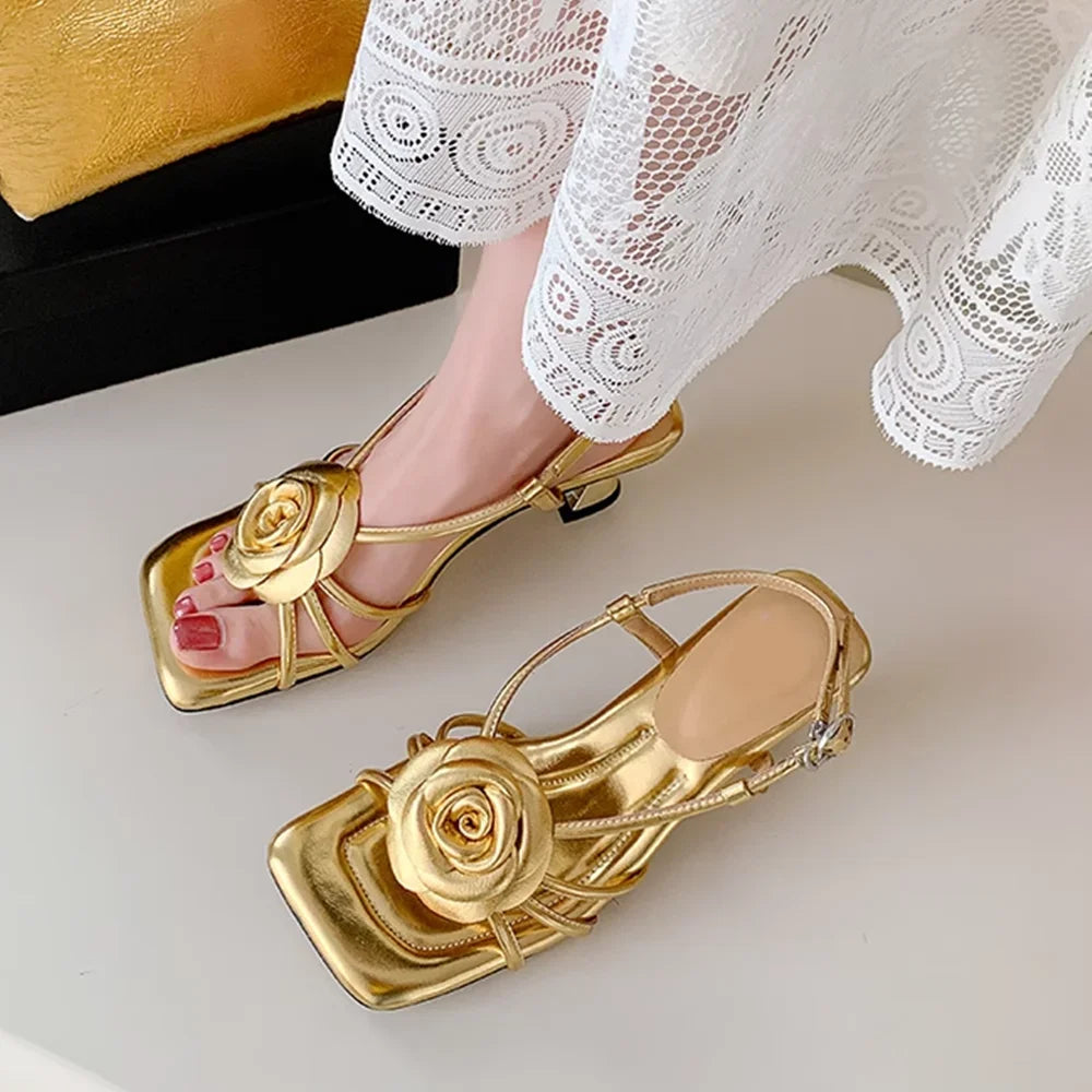 Camllia Decoration Cross Tied Sandals Sexy Square Toe Thin Heel Slingback Ankle Warp New Arrivals Fashion Womne Modern Shoes