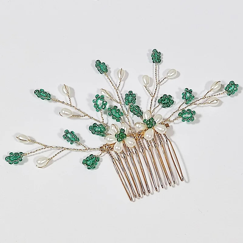 Green Color Rhinestone Hair Combs Bridal Hair Jewelry Leaf Hairpins Pearls Hairpins Bride Wedding Headdress Headband