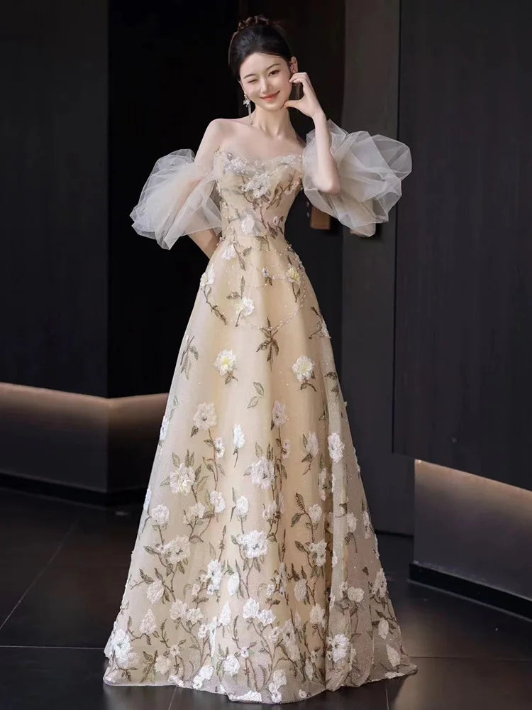 Super Fairy flower off-Shoulder High-End Evening Dress Host Performance Light Luxury Bride Engagement 15 Quinceanera Dresses