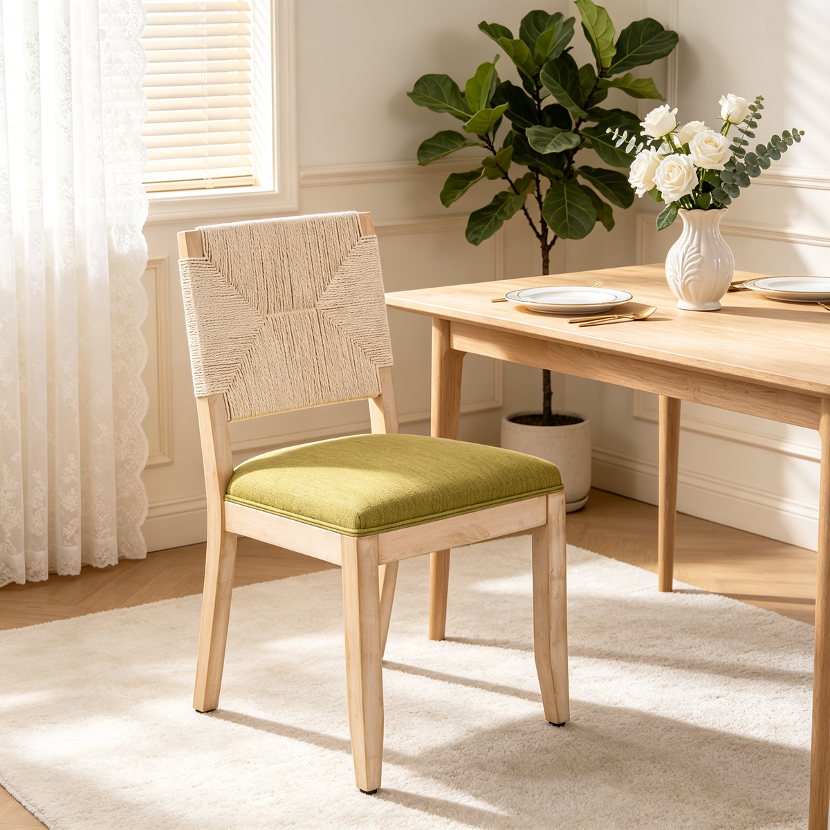 Dining Chairs Set of 2 with Woven Rope Backs and Linen Seats, French