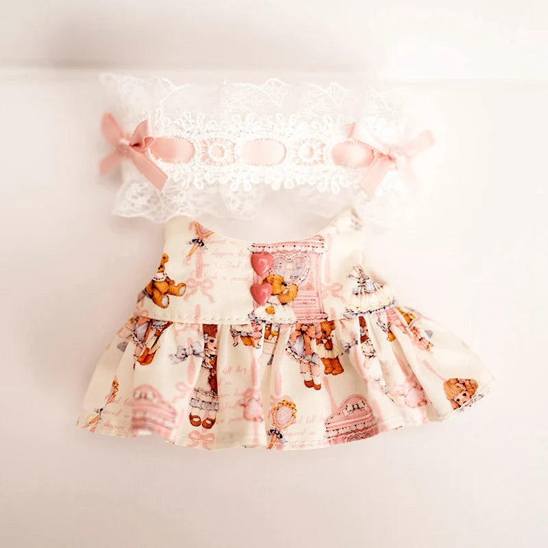 17cm Labubu Doll Clothes Lace Headband Cartoon Bear Print Dress Baby Pendant Clothes Suspender Pants Clothes Replacement Gift
