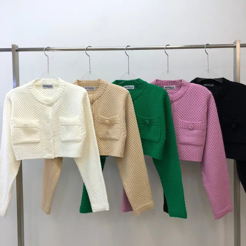 Elegant O Neck Cardigan Knitted Women Short Sweater Coat Pockets Autumn Long Sleeve Loose Spring Korean Versatile Crop Jacket