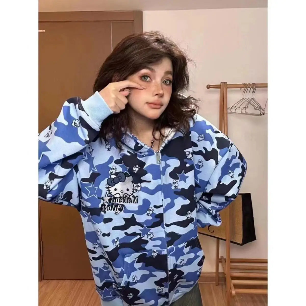 Miniso Cartoon Hello Kitty Hooded Zipper Sweater Kawaii Y2K Couple Cardigan Pure Cotton Camouflage Jacket Trendy Christmas Gift