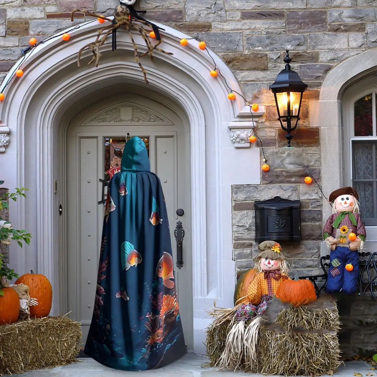 Underwater World Tropical Fish Long Hooded Cloak Witch Medieval Costume Cosplay Cape HalloweenCoat Adult Unisex