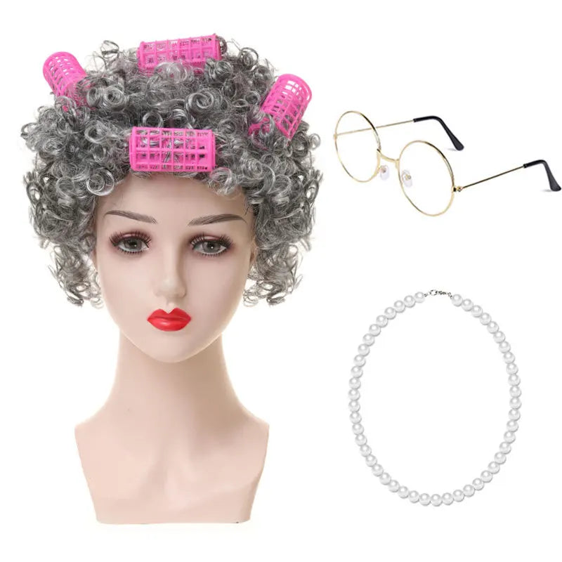 Granny Wig Cos Halloween Granny Curly Hair Charterer Stage Show Wig Cover Props