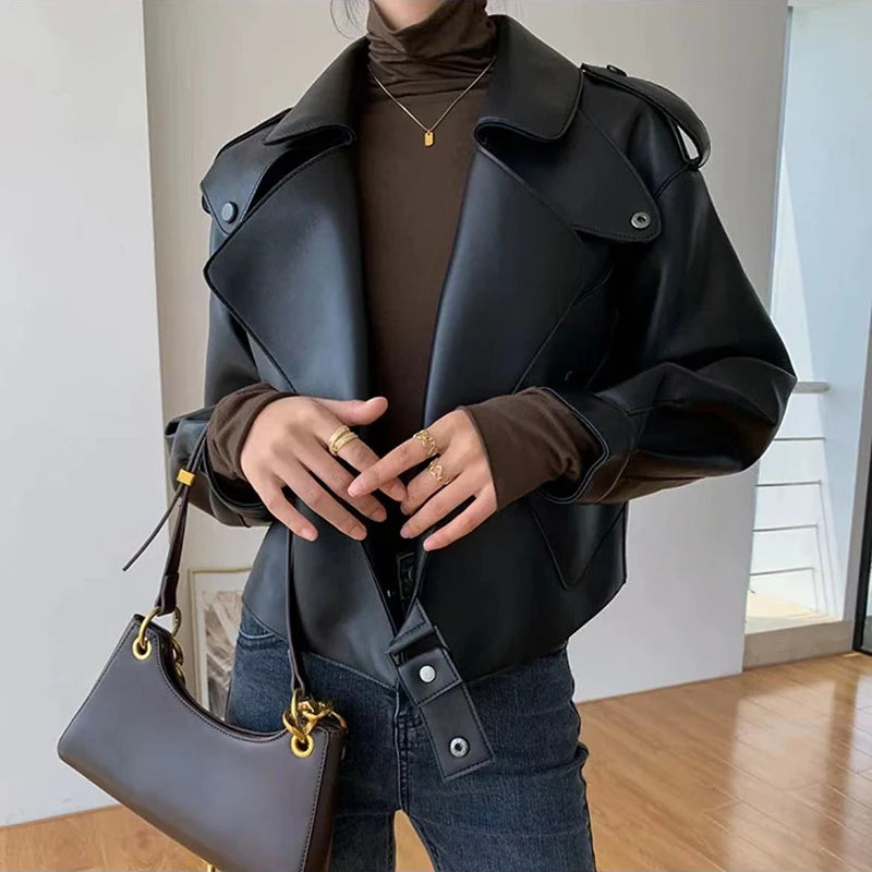 Women's Sheepskin Coat Plus Size Short Loose Veste Femme Large Lapel Pocket Gray/Dark Green/Pink/Khaki Locomotive Leather Jacket