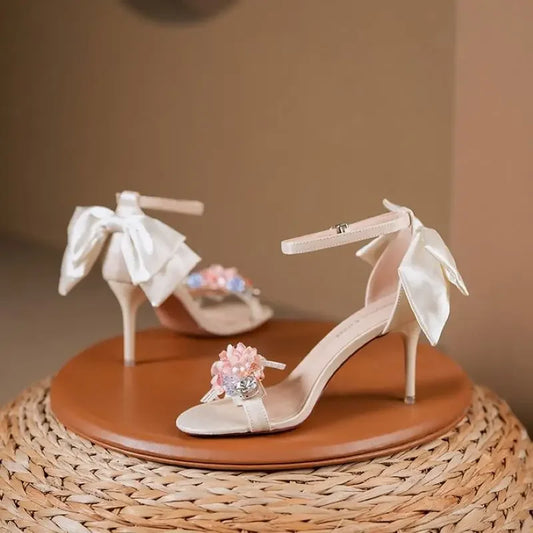 2025 Summer Fashion Women Pumps Open Toe Satin Flower Bow Buckle High Heel Sandals Dress Wedding Shoes
