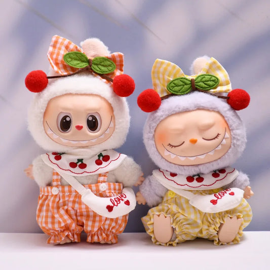Cherry Hair Accessories and Overalls Set 17CM Pendant Labubu Doll 17cm Labubu Generation 1 2 and 3 Macaron Color Set