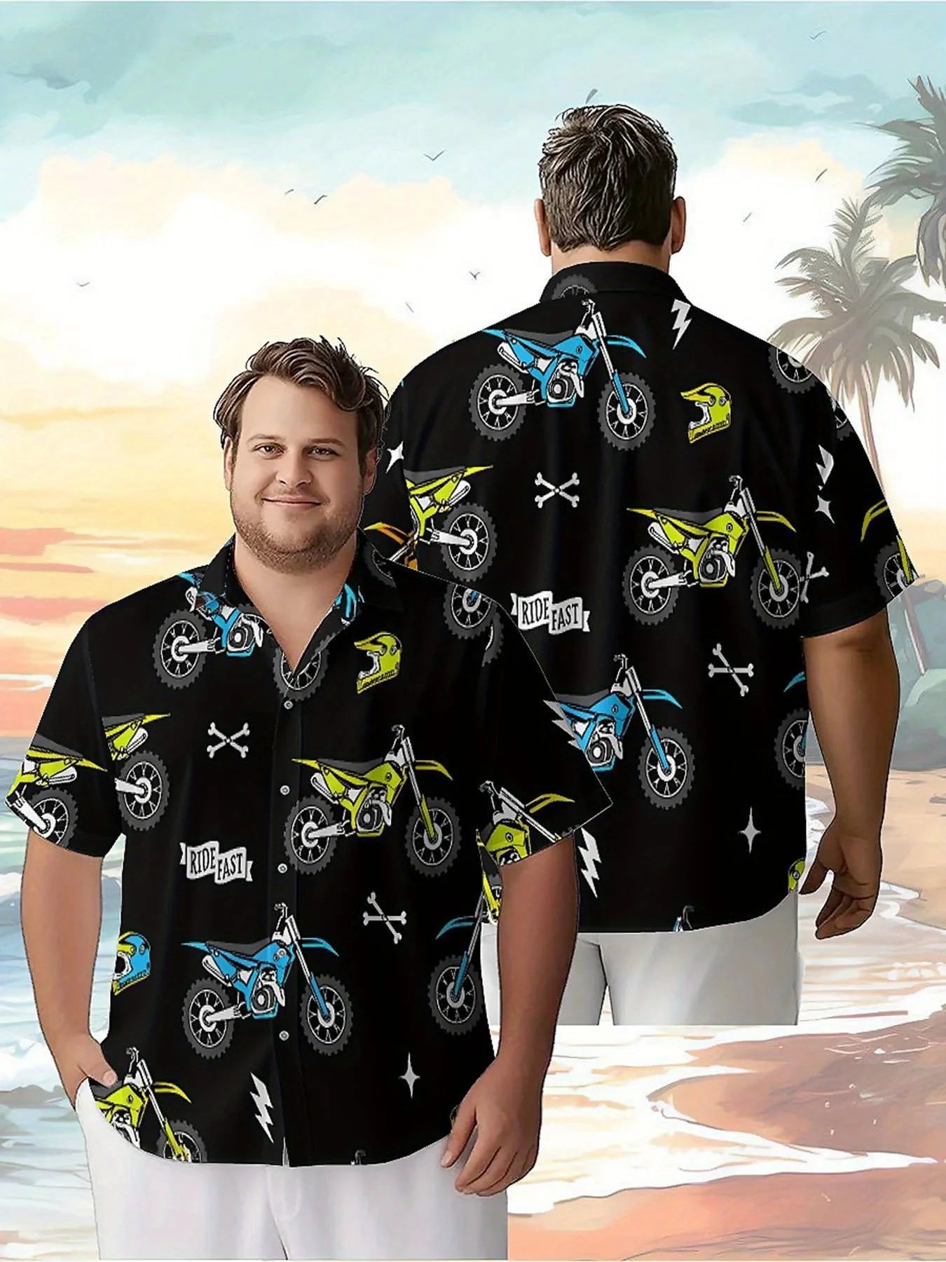 Men's Plus Size Hawaiian Shirts Motocross Theme pattern,New in Summer Fashion Tops,Hip Hop Rock Streetwear