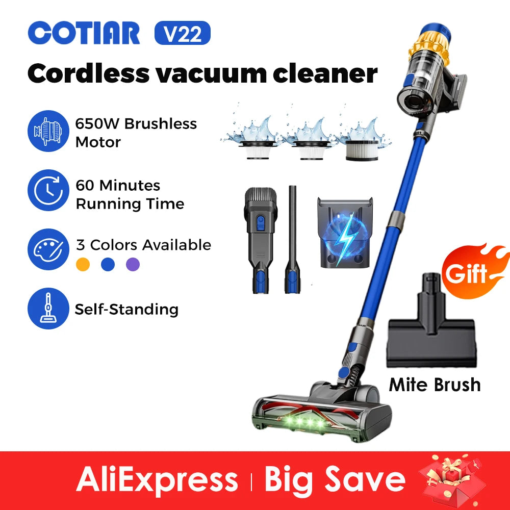 COTIAR V22 55KPa 650W Cordless Vacuum Cleaner Handheld Portable Suction Power LED Display  Home Deep Cleaning Multi Scenario Use