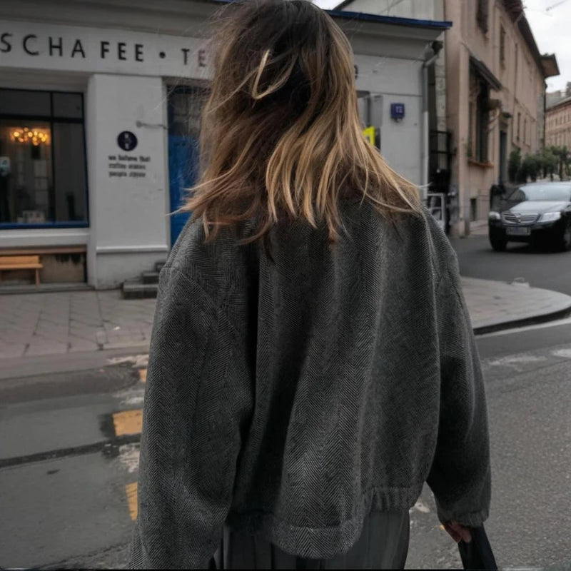 TARUXY Fashion Zipper Pocket Jacket Women Lapel Solid Vintage Casual Buttons Long Sleeve Loose Coat 2025 Autumn Female Outwears