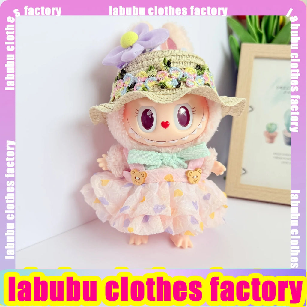 17cm Labubu Doll Clothes for V1 V2 Pink Heart-shaped Puff Dress Labubu Clothing Plush Doll Universal Labubu Clothing Accessories