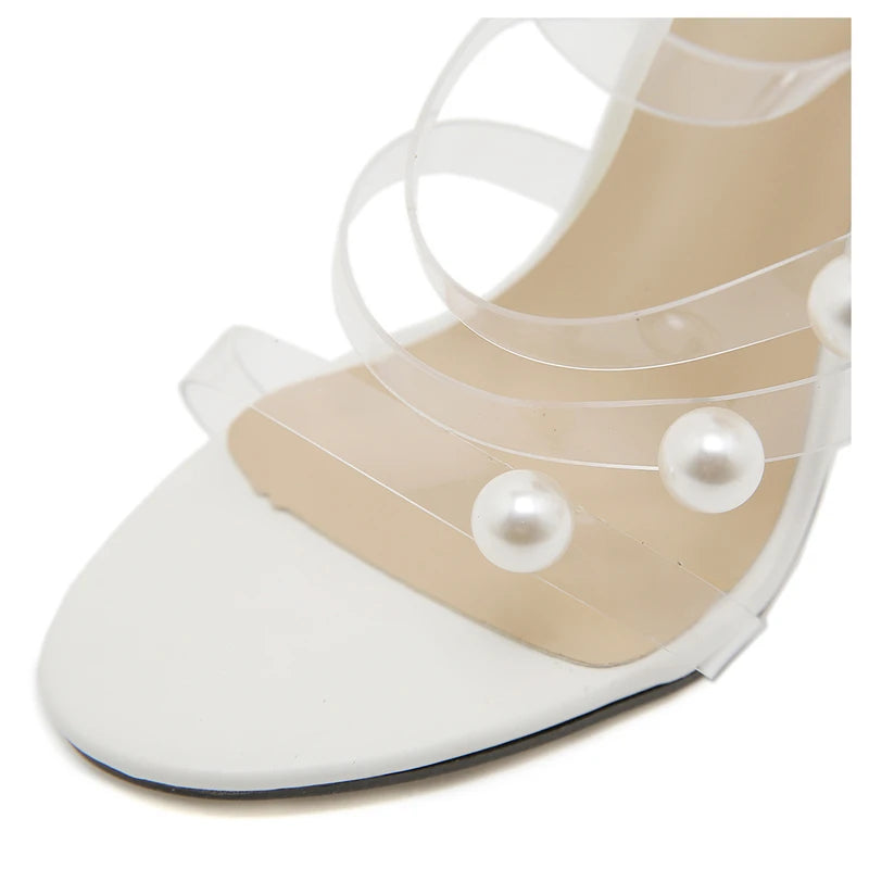 Eilyken New Design PVC Transparent Pearl Narrow Band Zipper Women Sandals Sexy Thin High Heels Stripper Prom Shoes