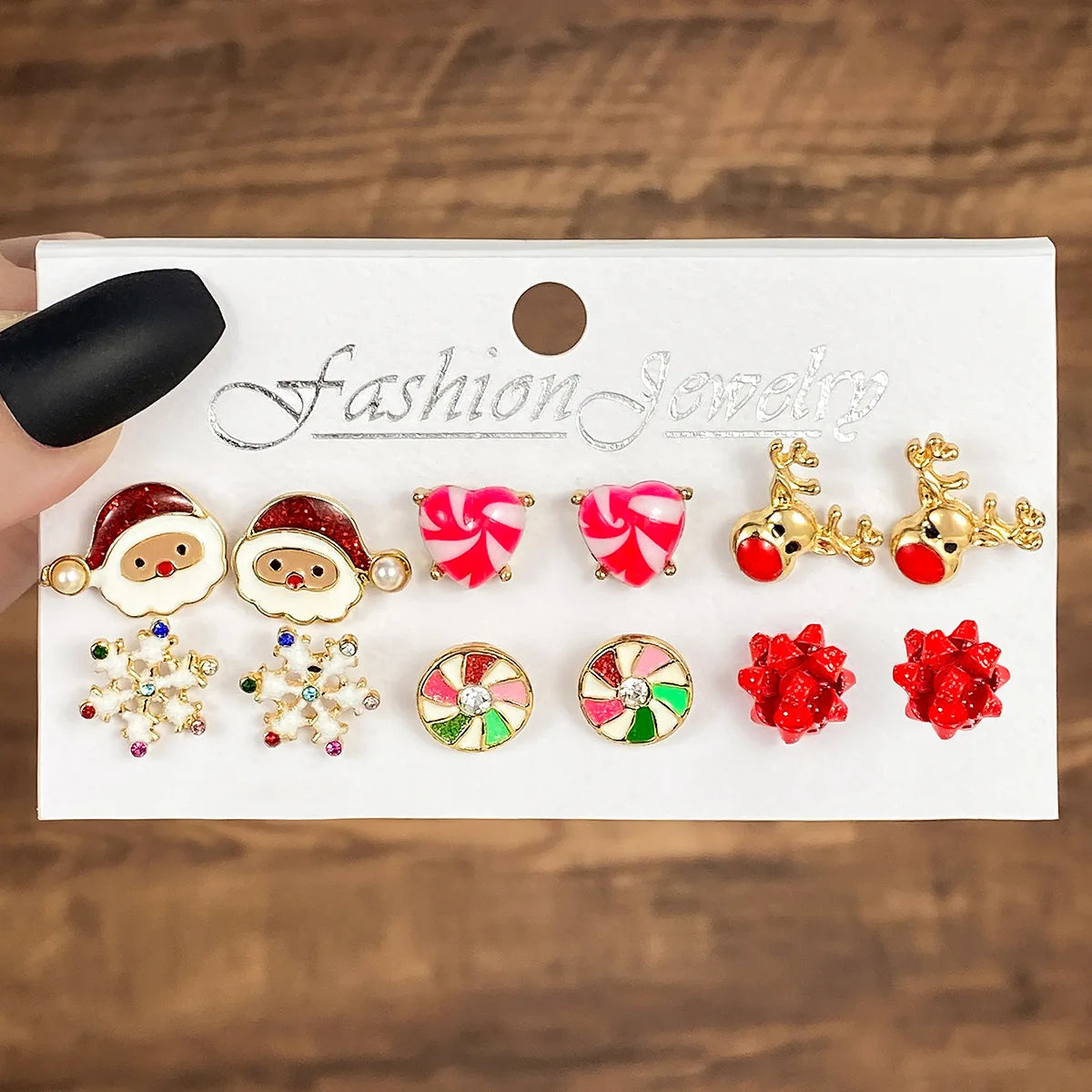 6 Pairs New Christmas Set Cross border Hot Selling Cartoon Dripping Oil Elk Santa Claus Christmas Tree Earrings for Women