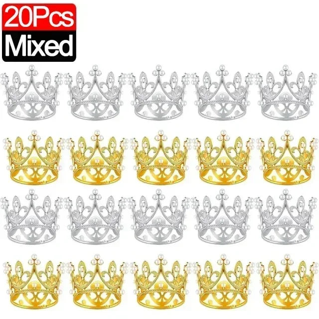 20/1Pcs Mini Crown Cake Decoration Pearl Tiara Gold Silver Crowns Cake Topper for Children Hair Ornaments Wedding Birthday Party