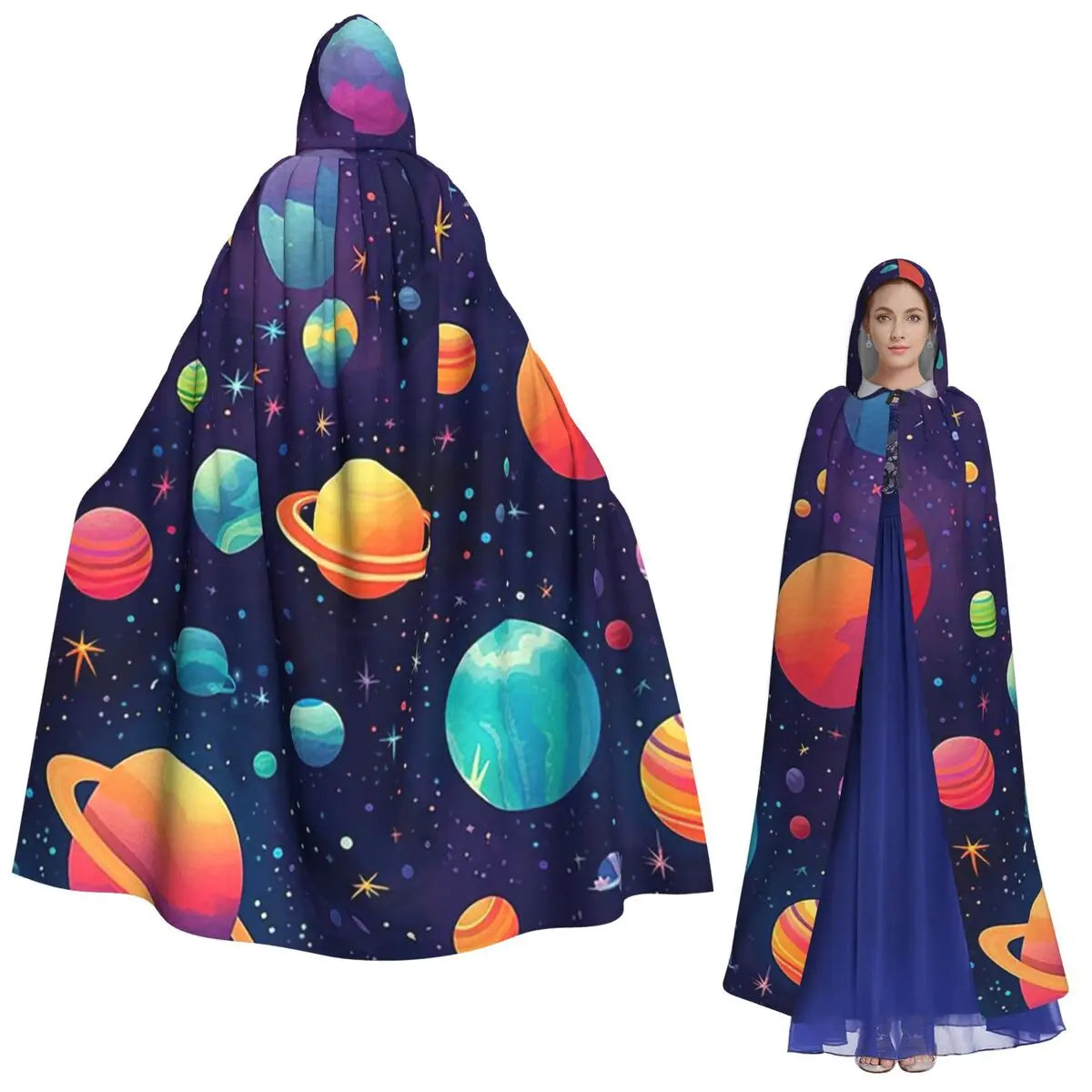 Solar System Space Planets Universe Long Hooded Cloak Witch Medieval Costume Cosplay Cape HalloweenVampire Adult Unisex
