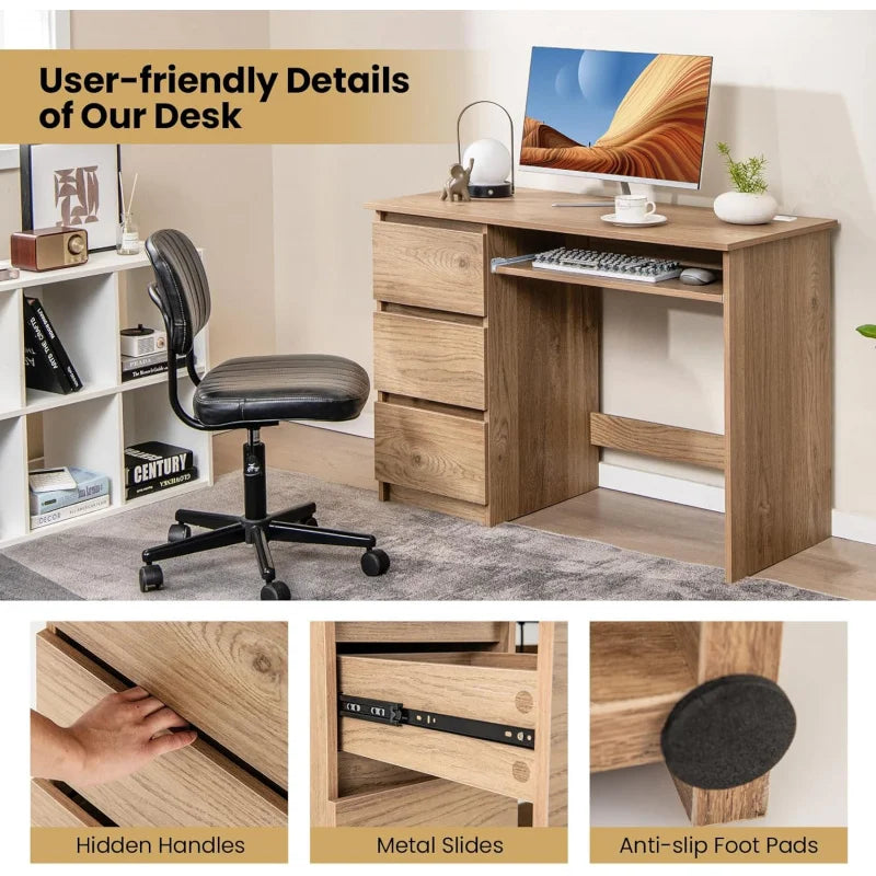 Computer Desk with 3 Storage Drawers & Built-in Charging Station, Home Office Desk with Keyboard Tray, PC Desk Study Wr