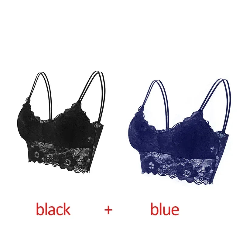 2pcs Sexy Bra Women Lace Bralette Floral Lingerie Underwear Wireless Padded Brassiere Seamless Ultra Strap Wire Free Bras Vest