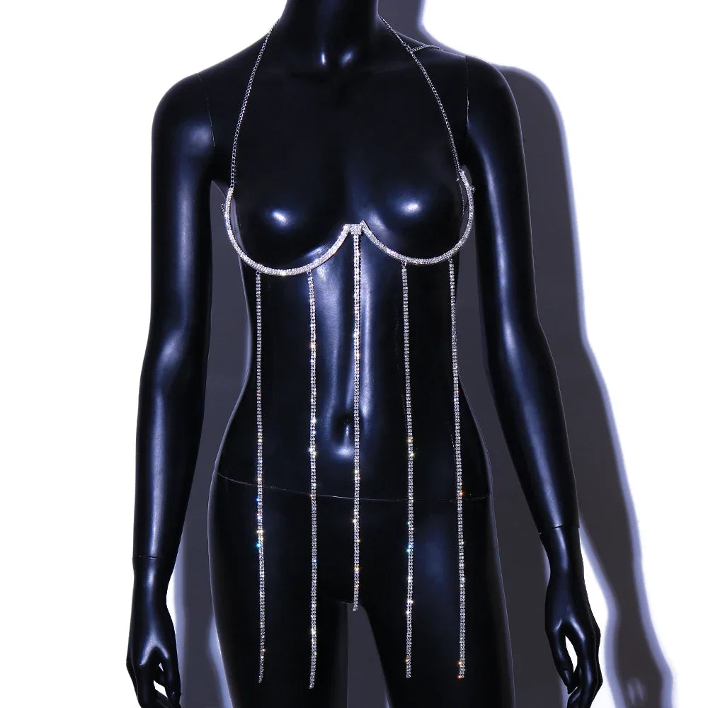 Sexy Tassel Chest Chain Rhinestone Chest Bracket for Women Rave Bikini Semicircle Crystal Lingerie Chain Bra Jewelry Gift