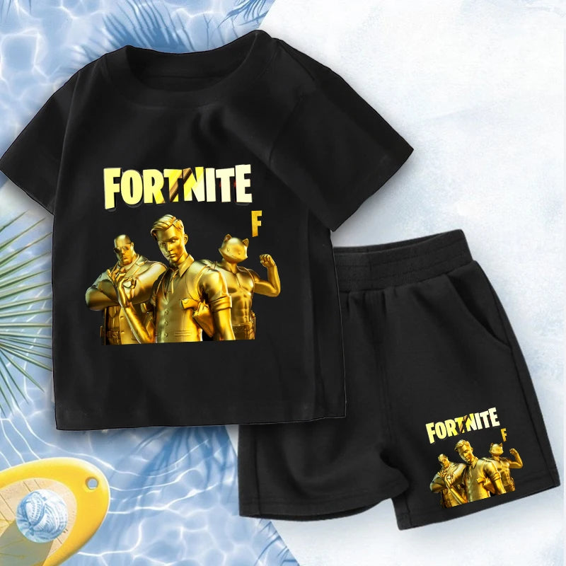 FORTNITED Anime Boy Summer T-shirt Set Kid Cotton Clothes 2pcs Short Baby Tops +Shorts Set Tee Sport Tracksuit Summer Outfits