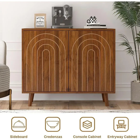 Accent cabinet for bedroom, living room, kitchen, office, hallwaywalnut finish, carved lines, modern sideboard with adjustable