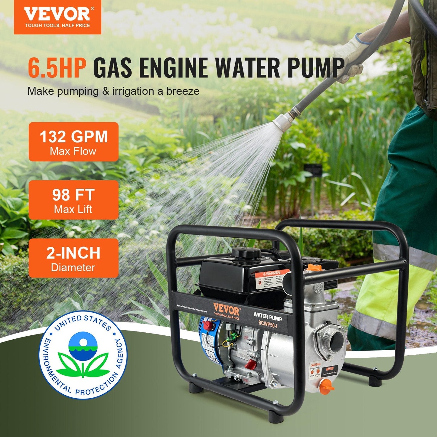 Gasoline Engine Water Pump Gas Powered Transfer Pump 2 In 6.5HP