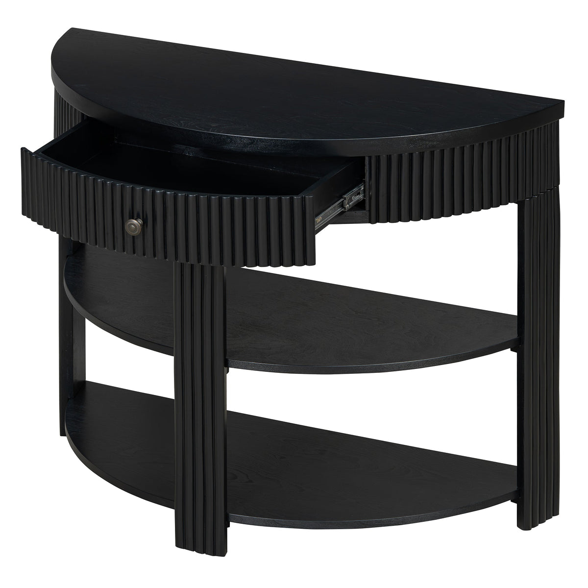 Fluted Half Moon Console Table with Drawer and 2 Shelves for Entryway,