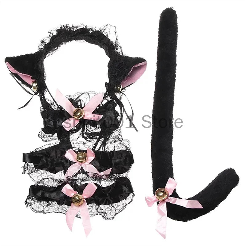 Womens Halloween Maid Lace Cat Ear Headband Hair Accessories Cat Ear Headband Long Tassel Japanese Animation Cosplay Accessories