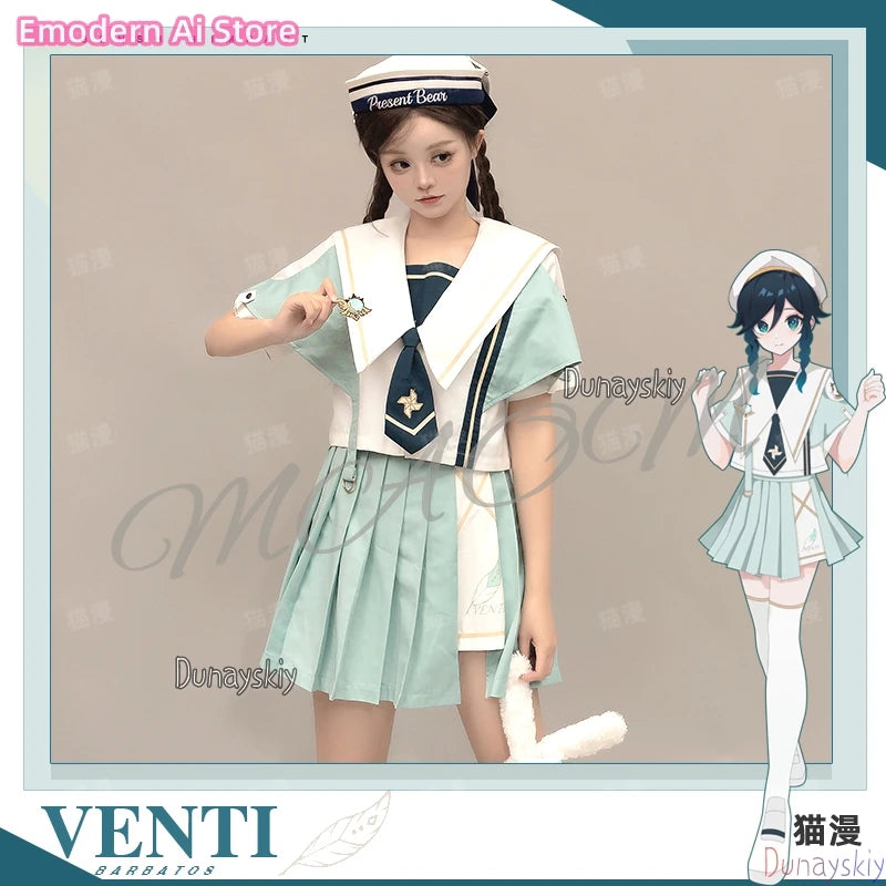 Anime Genshin Impact Cosplay Venti Women jiakei Dress Costumes Loose Jacket Coat Hoodie Short Sleeved Skirt Set Disguise Outfit