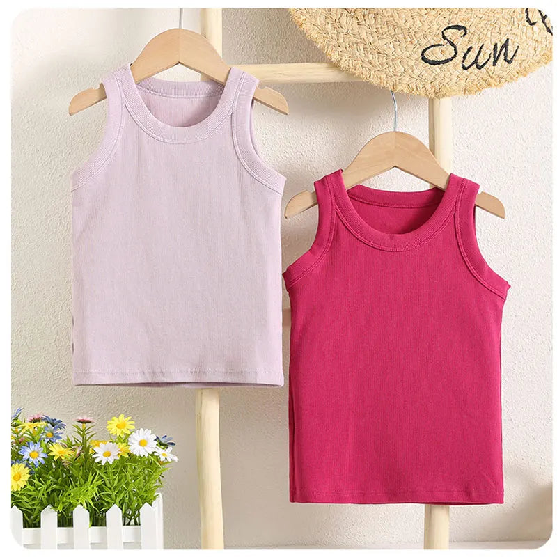 Kids Sleeveless T-shirts Candy Color Summer Tank Tops for Boys Girls Cotton Children Vest Toddler Bottom Baby Sports Clothes