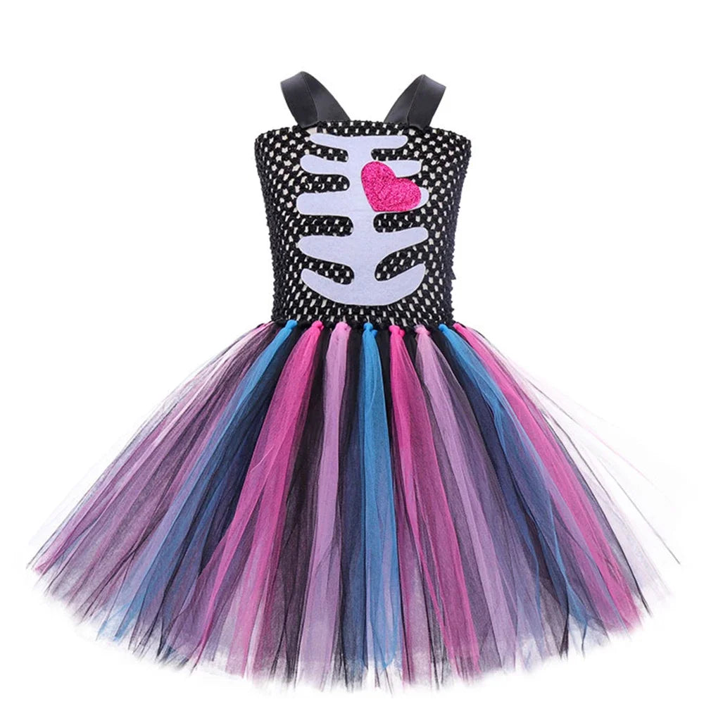 Children's Halloween Zombie Bride Horror Skeleton Vampire Puff Dress Flower Tutu Dress Stage Role Playing  Sleeveless Dress