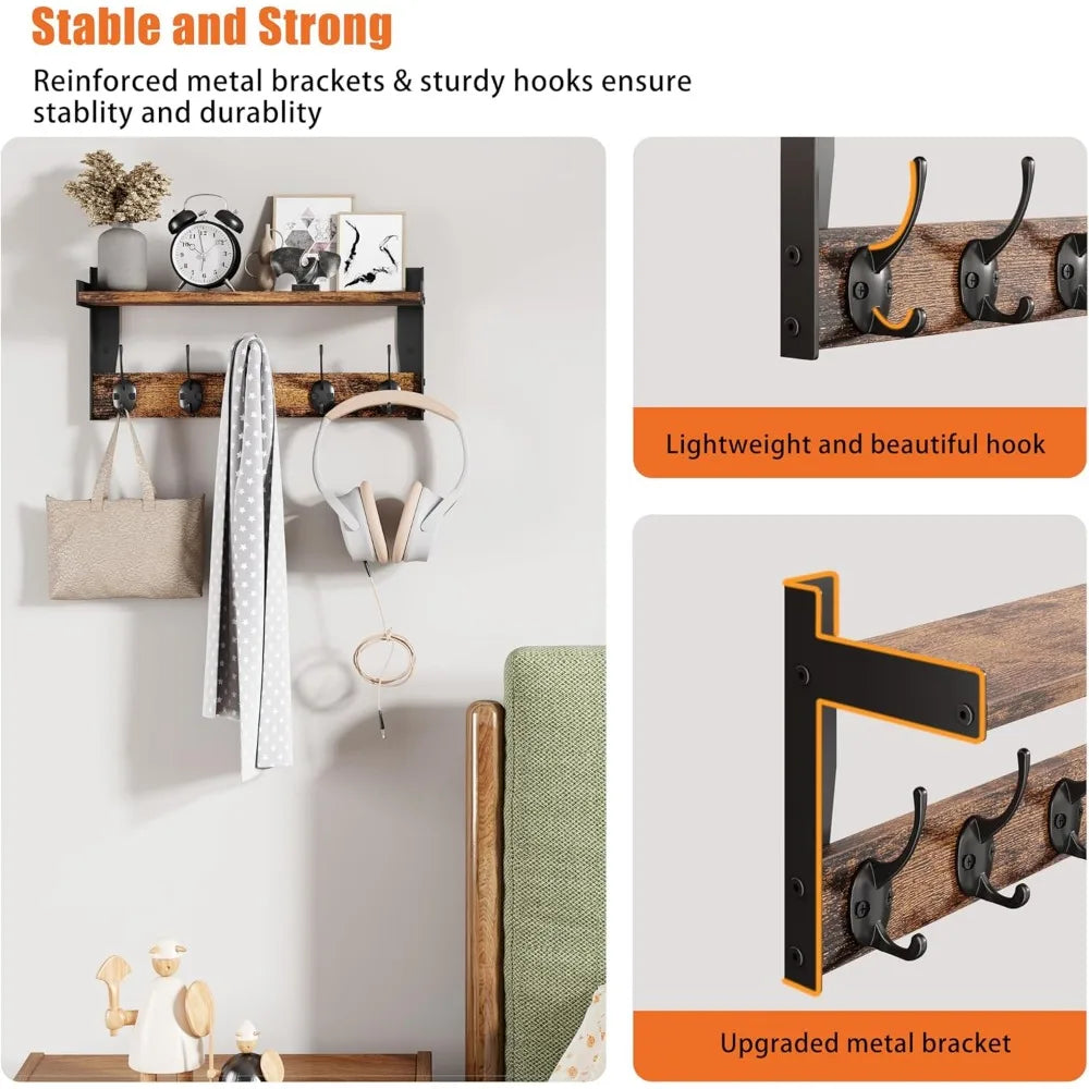wall hooks with shelf, wood coat rack with shelf wall-mounted, entryway hanging shelves with 5 metal hooks for clothes hats towe