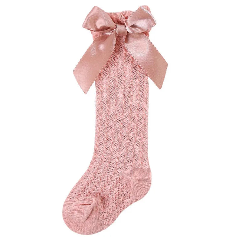 Newborn Baby Girl Knee High Socks Autumn Clothes Long Socks Thin Mesh Stockings with Bow for Infants Baby Items Clothing