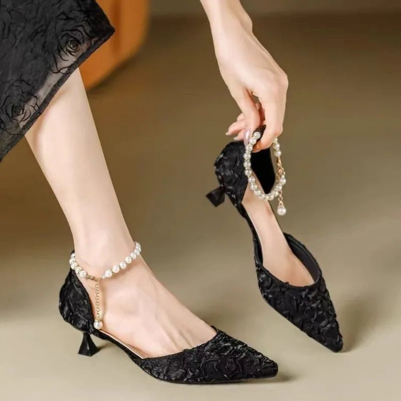 Women High Heel Pumps Size 34-42 Pearls Strap High Heels Lace Women White Wedding Shoes Stiletto Heel Point Toe Bride Bridesmaid