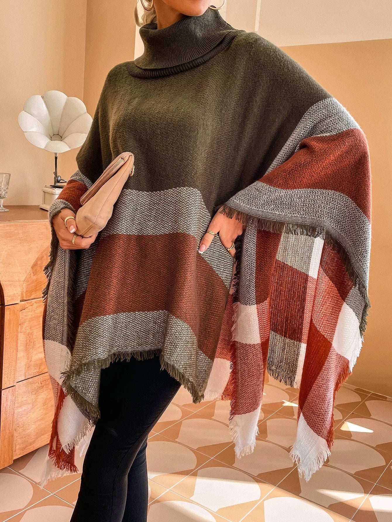 New Women Autumn Winter Striped Knitted Poncho Shawl Sweater Overcoat Streetwear Thick Warm High Neck Loose Knitwear Long Coat