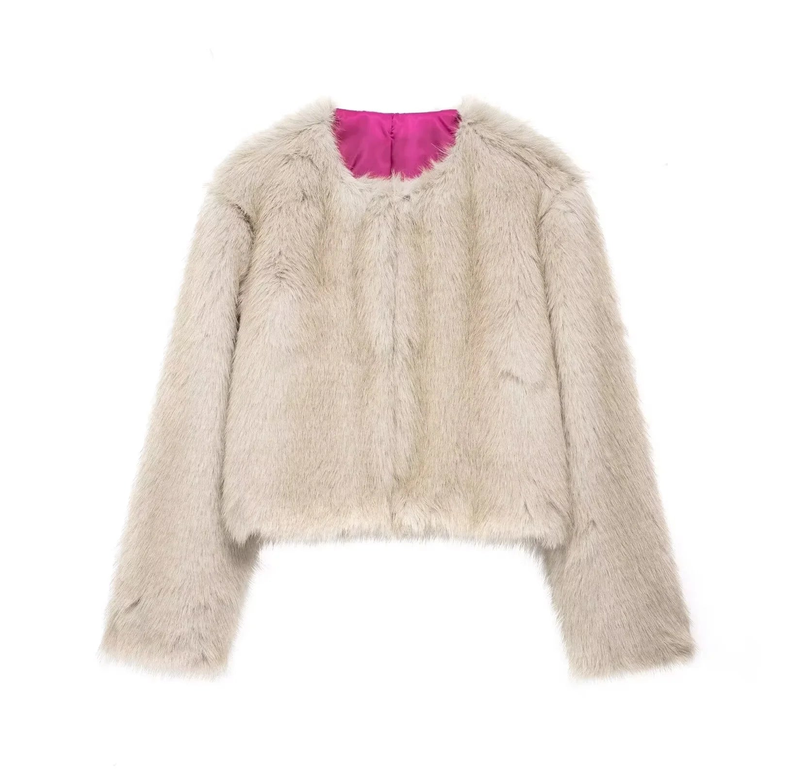 TRAFZA Women Fashion Solid Faux Fur Coat O Neck Long Sleeve Cropped Jacket Autumn Winter Female Fashion High Street Outerwear