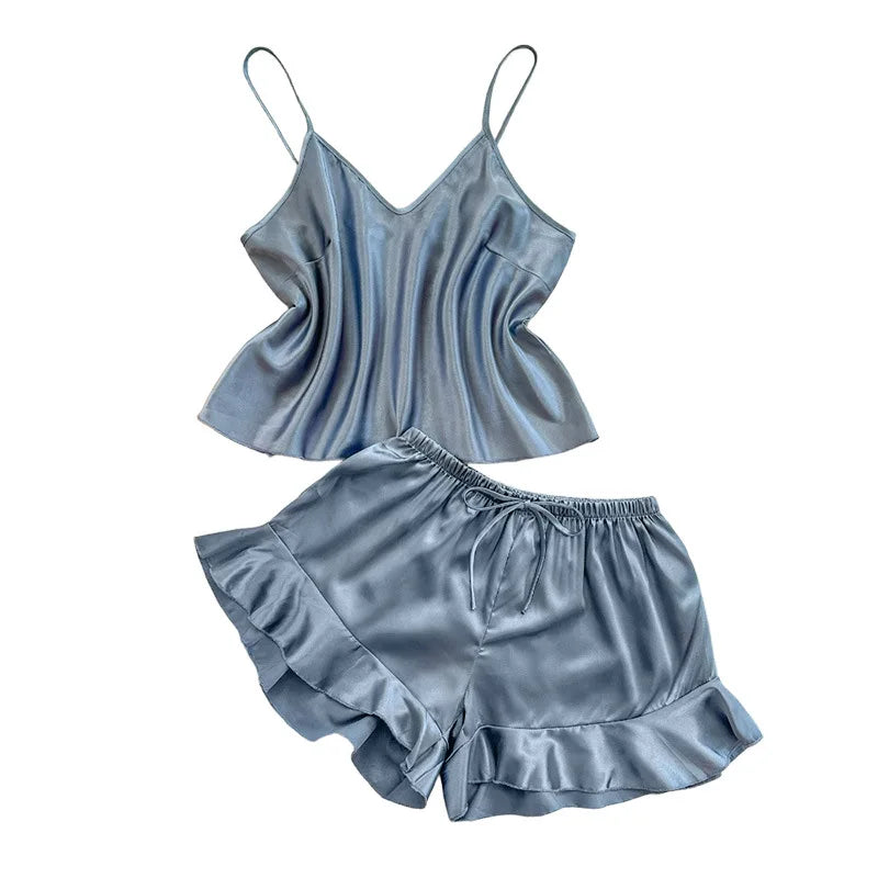 Fashion Strap Top Shorts Women Ice Silk Pajamas Suit 2Pcs Sexy Lingerie Suit Underwear Summer New Home Clothes Loungewear