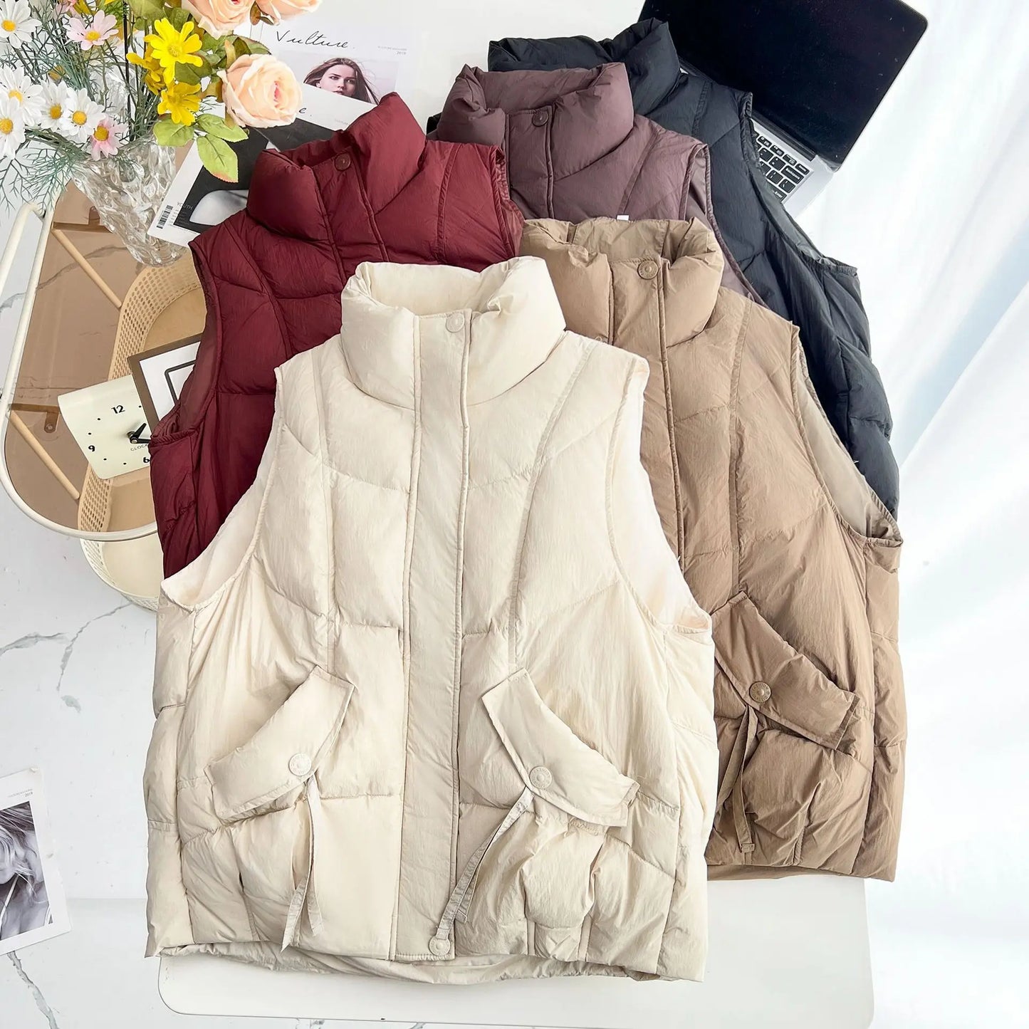 Plus Size Women Down Vest Winter New Loose Oblique Pocket Standing Collar 50% White Duck Down Warm Sleeveless Coat 1317
