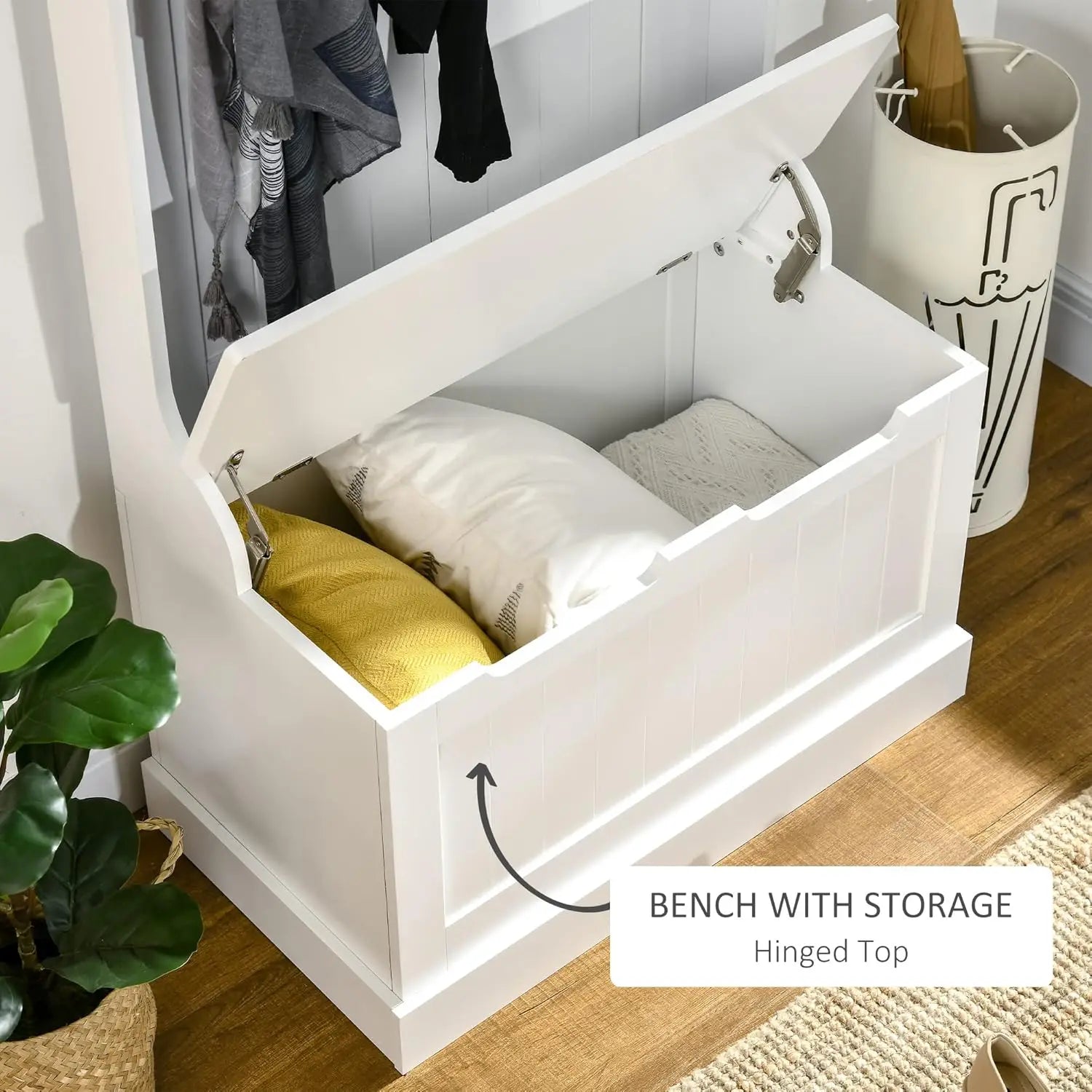 Hall Tree with Bench and Shoe Storage, 3-In-1 Entryway Bench with Coat Rack, 4 Hooks and Flip Top Storage Compartment, White